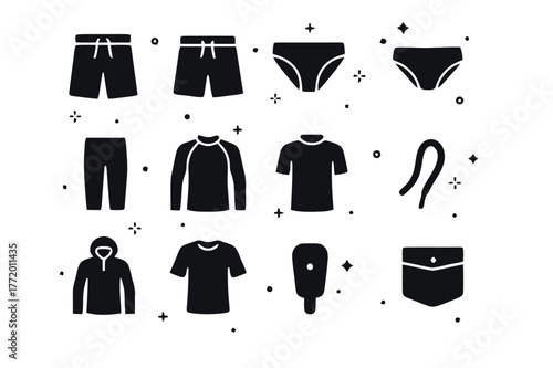 Men's Swimwear Icons. Men?s swimwear styles. Solid icons set of Men?s swimwear styles: boardshorts, swim trunks, volley shorts, swim briefs, jammers, rash