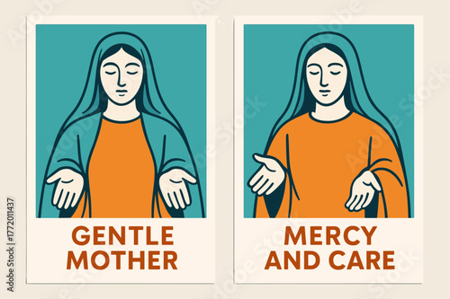 Turquoise and Orange Banners. Mother of Mercy. Two vertical A6 banners with safe margins, centered composition, no elements touching edges, modern, turquoise