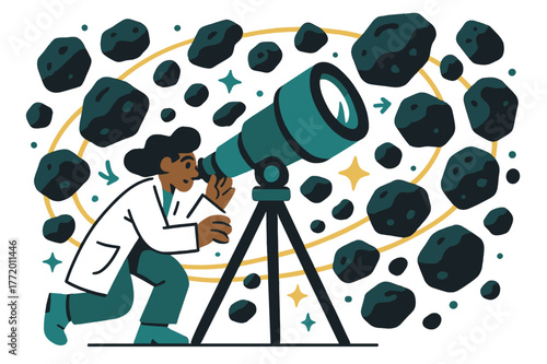 Studying Asteroid Belts. Asteroid belt studies. Scientist observing asteroid belt through telescope with abstract floating asteroids, orbit lines,