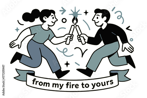 Passing the Flame. Keeper of the Hearth ? Passing the Flame. Two figures touch candles tip-to-tip; a soft spark bridges the light. Ribbon reads ?from my fire