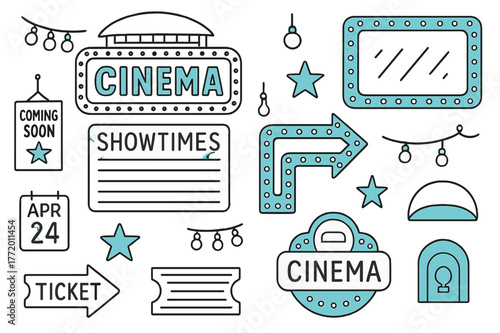 Doodle Cinema Marquee. Cinema marquee & signage. Hand-drawn doodle illustration cinema marquee and signage marquee letters (accented), showtimes