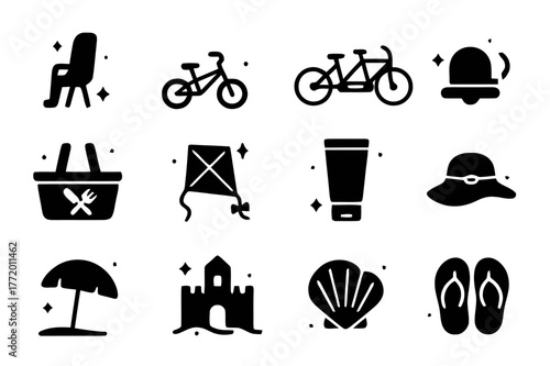 Coastal Cycling Icons. Family cycling on the coast. Solid icons set of Family cycling on the coast: child seat, kids bike, tandem bike, bell, picnic basket,