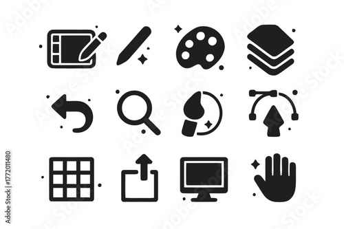 Digital Sketch Icons. Digital Sketching. Solid icons set of Digital Sketching: tablet, stylus pen, color palette, layers icon, undo arrow, zoom tool, brush