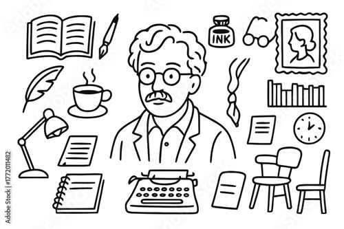 Author's Workspace Doodle. Author portrait. Hand-drawn doodle illustration author portrait open book, fountain pen, ink bottle, glasses, quill, coffee cup,