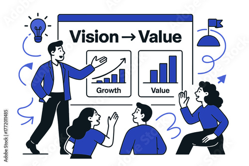 Vision to Value Pitch. Developing a Business Pitch Deck. A presenter gestures toward clean slides featuring graphs and key phrases; a large title reads ?Vision
