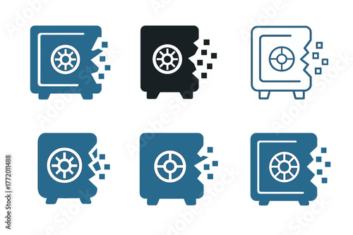 Cybersecurity Logo Variations. Cyber loss risk. Set Logo of Cyber loss risk: data vault with breach. harmonious logo variations of the same emblematic concept,