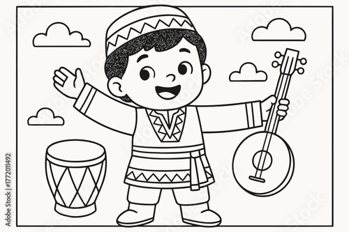 Cultural Coloring Celebration. Cultural self-expression children?s coloring book illustration, outlined drawing, child proudly showing traditional clothing and