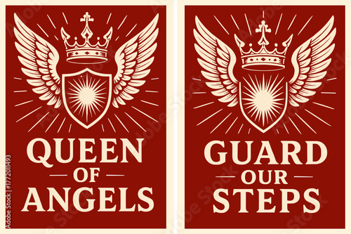 Queen of Angels. Queen of Angels. Two vertical A6 banners with safe margins, centered composition, no elements touching edges, bold, crimson and ivory, winged