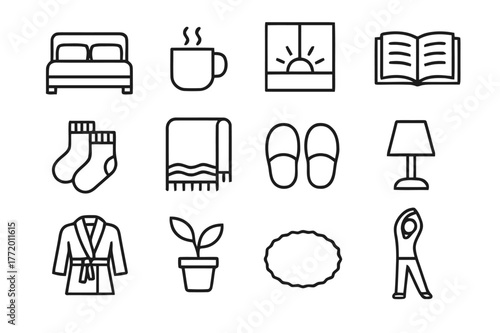 Morning Comfort Icons. Morning Comfort. Line icon set of Morning Comfort: bed with pillows, steaming mug, sunrise window, open book, warm socks, blanket,