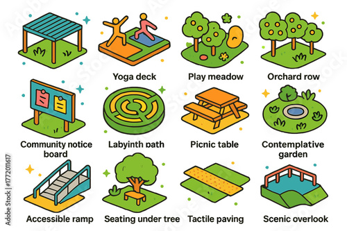 Colorful Wellbeing Icons. Public spaces for wellbeing. Colorful isometric vector icons set of Public spaces for wellbeing: shade pavilion, yoga deck, play