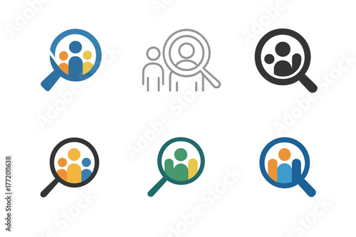 Inclusive Hiring Logos. Inclusive hiring. Set Logo of Inclusive hiring: magnifying glass over diverse figures. harmonious logo variations of the same