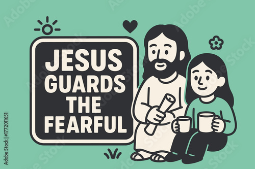Guardian Banner Illustration. Jesus Guards the Fearful banner, flat vector illustration, bold oversized text inside sticker outline, cartoon characters sitting