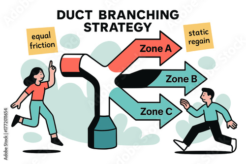 Duct Design Strategy. Duct Branching Strategy. A Y-junction bursts into clean arrows, each path labeled ?Zone A / Zone B / Zone C.? Floating sticky-notes