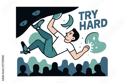 Dynamic Bouldering Challenge. Bouldering Overhang Problem. Heels hook, core tight, the climber swings to a crescent-shaped pinch; ?TRY HARD? floats beside