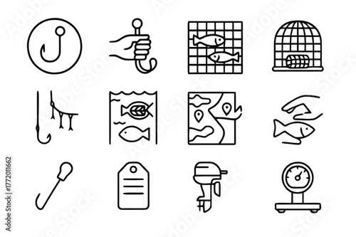 Responsible Fishing Icons. Responsible Fishing. Line icon set of Responsible Fishing: circle hook, handline, selective gillnet, fish trap pot, bird scaring