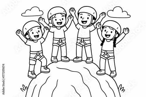 Climbers Cheering Coloring Page. Climbing celebration children?s coloring book illustration, outlined drawing, group of climbers at the top of a rock cheering