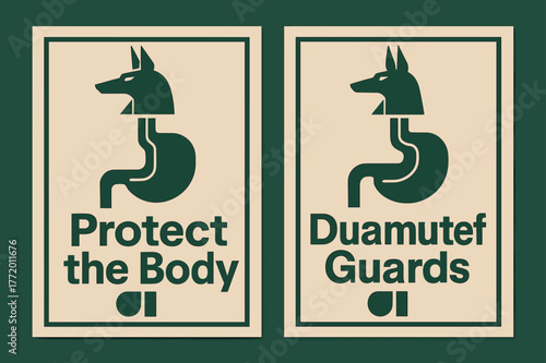 Protective Jackal Banners. Sacred Stomach. Two vertical A6 banners with safe margins, centered composition, no elements touching edges, bauhaus, forest green