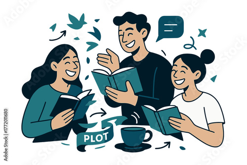 Witty Book Club. Book club chuckles. Readers grin over a witty paragraph; bookmarks flutter like birds between pages. ?Plot twist!? ribbon loops around a