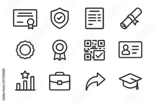 Credential Icons Grid. Certificates and credentials. Line icon set of credentials: certificate, badge, transcript, diploma tube, seal, ribbon, verification qr,
