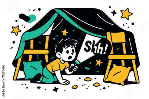 Table-Fort Adventure. Table-Fort Hideout. Pillows and chairs build a geometric cave; a flashlight beam slices the dark with ?Shh!? lettered in the glow. Crumbs