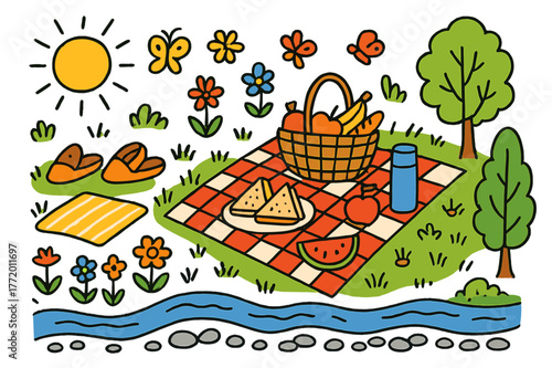 Riverside Picnic Fun. Riverside picnic. Colorful Hand-drawn doodle Children illustration Riverside picnic picnic blanket, basket, fruit, sandwiches, thermos,