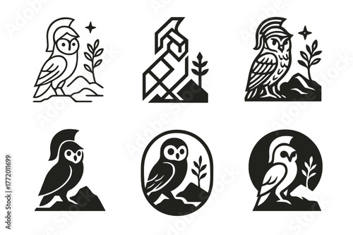 Mythical Deity Logos. Ancient gods and goddesses in a mystical landscape. Set Logo of Ancient gods and goddesses in a mystical landscape: Athena owl. Icon set.