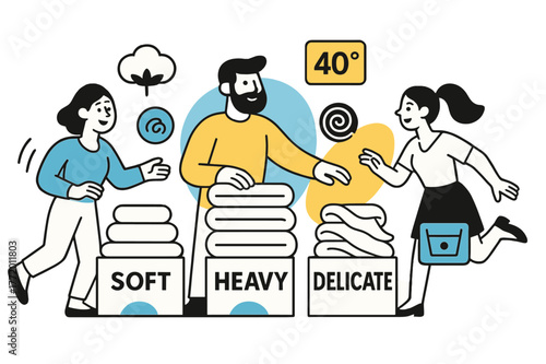 Fabric Sorting Icons. Sorting by Fabric Type. Cotton, wool, and silk icons hover beside piles labeled ?Soft / Heavy / Delicate.? Floating tags represent