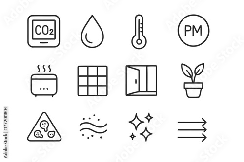 Indoor Air Quality Icons. Indoor Air Quality. Line icon set of Indoor Air Quality: CO2 monitor, humidity droplet, thermometer, particulate PM badge, air
