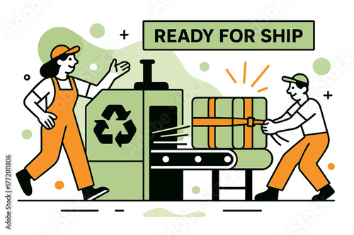 Recycling Factory Process. Recycling system in factory ? Baling & strapping. Compressed cubes slide out with crisp edges; strap lines snap tight. A banner says