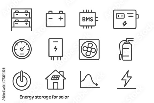 Solar Energy Storage Icons. Energy storage for solar. Line icon set of energy storage for solar: battery rack, battery cell, bms controller, inverter charger,