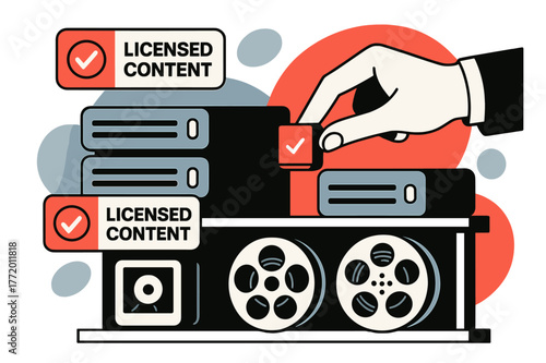 Content Licensing Archive. Television licensing and regulations ? Archival footage storage. Rows of drives and reels; icons of ?LICENSED CONTENT? labels hover.