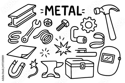 Metalwork Tools Illustration. Metal. Hand-drawn doodle illustration metal steel beam, wrench, bolt, nut, gear, hammer, sheet, wire, pipe, anvil, magnet,