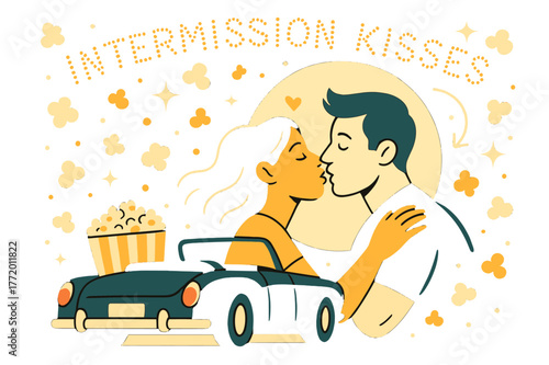 Nostalgic Drive-In Magic. Drive-in cinema. A classic car faces a giant moonlit screen; popcorn kernels float like stars. ?Intermission kisses? curls across the