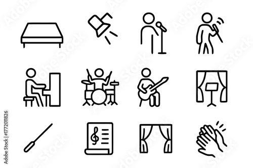 Musical Rehearsal Icons. A Musical Theater Cast Rehearsing a Song in Front of a Live Band. Line icon set of A Musical Theater Cast Rehearsing a Song in Front