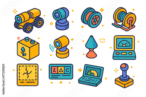 Pipeline Robots Icons. Pipeline inspection robots. Colorful isometric vector icons set of Pipeline inspection robots: CCTV crawler robot, pan-tilt camera head,