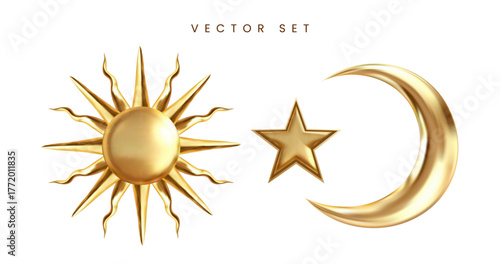 Realistic golden sun, crescent moon and star vector set. 