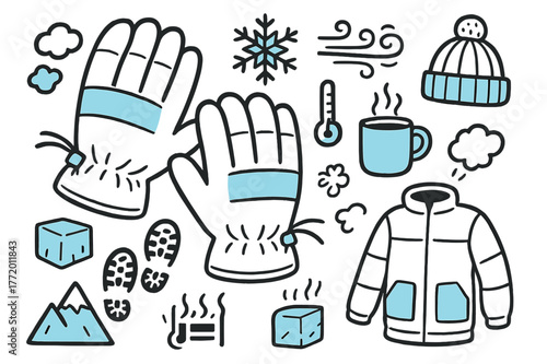 Winter Work Gloves Doodle. // Insulated winter work gloves. Hand-drawn doodle illustration insulated winter work gloves [puffy glove pair (accented), fleece