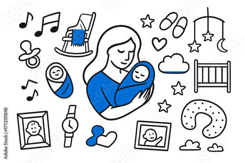 Mother's Loving Embrace. Mother?s embrace. Hand-drawn doodle illustration mother?s embrace mother silhouette (accented), baby swaddle (accented), heart,