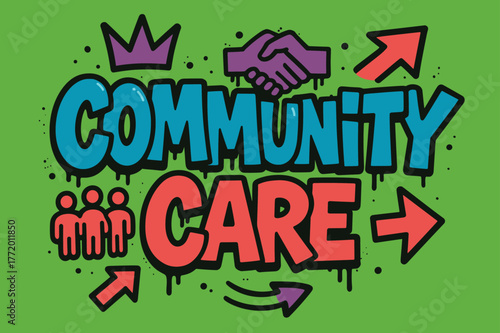 Vibrant Community Graffiti. Community Care ? Graffiti Simplified; lettering: thick bubble/block, tilted; effects: dripping outlines, flat spray