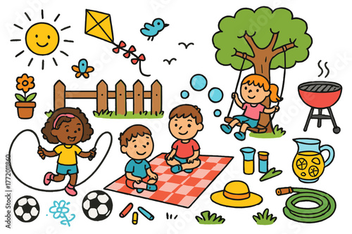 Backyard Playtime Fun. Backyard playtime. Colorful Hand-drawn doodle Children illustration Backyard playtime picnic blanket, soccer ball, bubbles wand, jump