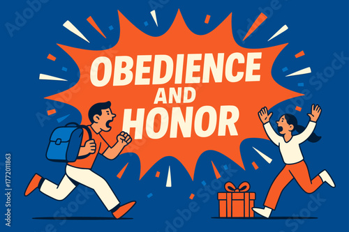 Obedience Honor Banner. Obedience and Honor banner, flat vector illustration, bold oversized text inside splash explosion banner, cartoon characters running