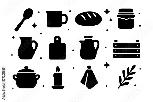 Farmhouse Kitchen Icons. Farmhouse Kitchen Decor. Solid icons set of Farmhouse Kitchen Decor: wooden spoon, enamel mug, bread loaf, jar, milk jug, cutting