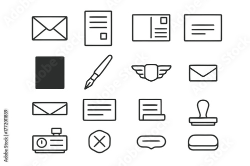 Postal Icon Set. Postal Stationery. Line icon set of Postal Stationery: envelope, letter sheet, postcard, stamp sheet, writing pen, air mail label, envelope