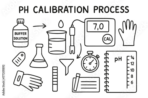 pH Calibration Doodle. pH calibration process. Hand-drawn doodle illustration pH calibration process buffer solution bottle, probe, beaker, droplet, digital