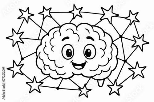 Cheerful Brain Network. Brain learning network children?s coloring book illustration, outlined drawing, a cheerful brain with several neuron stars around it