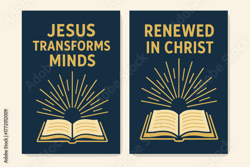 Spiritual Renewal Banners. Renewal in Christ. Two vertical A6 banners with safe margins, centered composition, no elements touching edges, flat vector design,