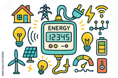 Colorful Energy Tracker Icons. energy tracking device. Colorful Hand-drawn doodle Children illustration energy tracking device smart meter, electricity meter,