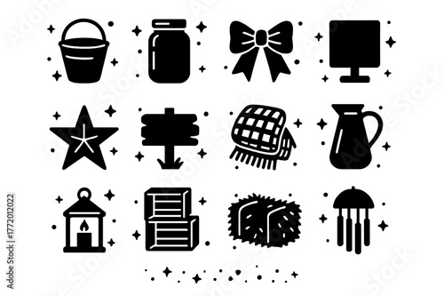 Rustic Porch Icons. Rustic Porch Decor. Solid icons set of Rustic Porch Decor: galvanized bucket, mason jar, burlap bow, chalkboard sign, tin star, wooden