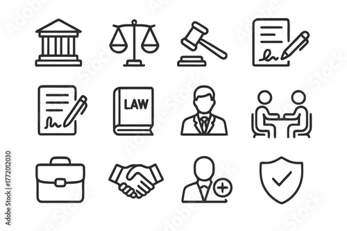 Legal Icon Set. Legal Advice and Support for Individuals and Businesses. Line icon set of Legal Advice and Support for Individuals and Businesses: courthouse,