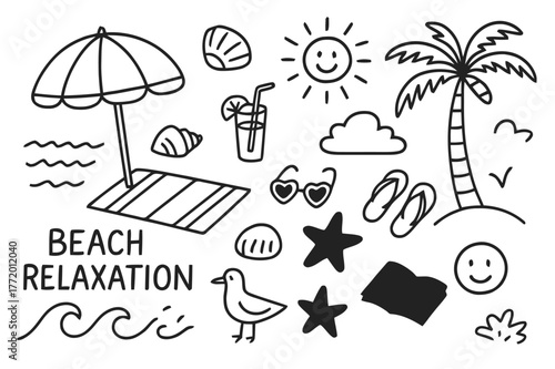 Beach Relaxation Doodles. Beach relaxation. Hand-drawn doodle illustration beach relaxation umbrella, towel, waves, palm tree, sun, seashell, drink,